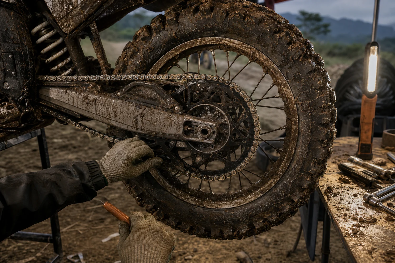 Muddy dirt bike drivetrain inspection during off-road test session