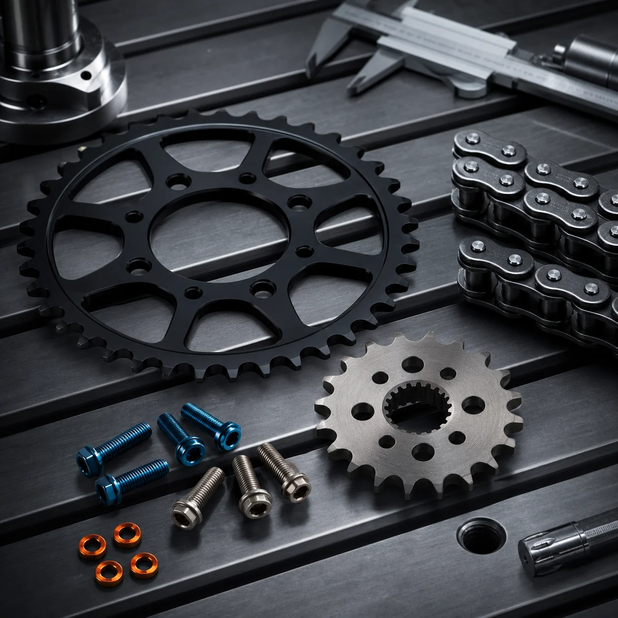520 chain, sprockets, and titanium fasteners on CNC table